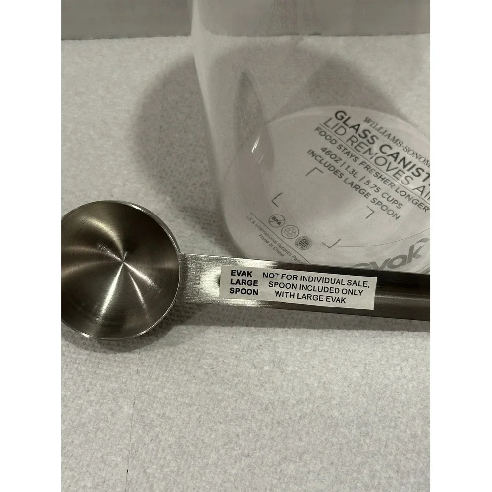 Williams Sonoma Evac Glass Canister Cup w/ Lid Removes Air Large Spoon 46 oz Set